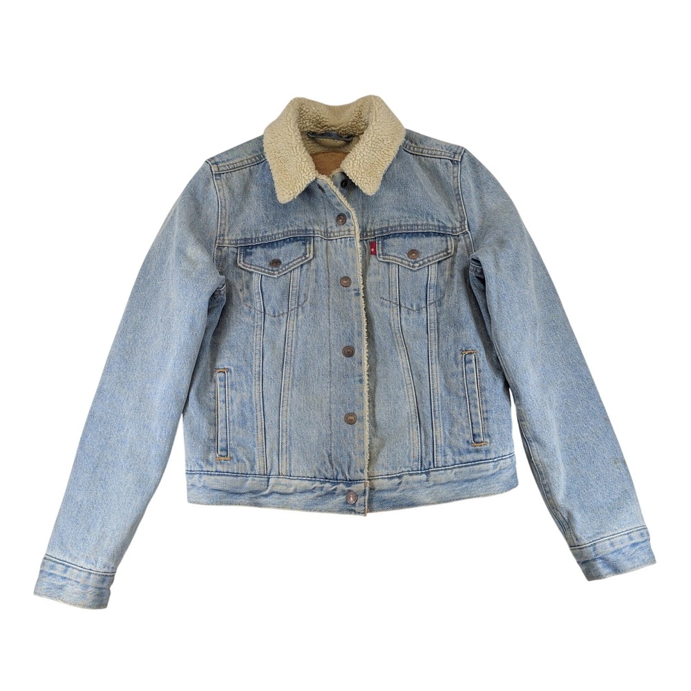 Levis Womens Sherpa Trucker Jacket Light Wash Blue Denim Faux Fur Small Classic